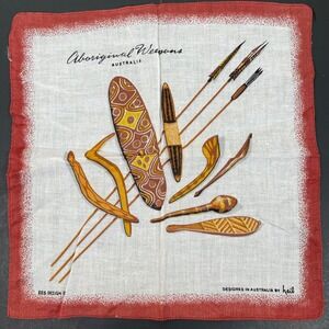 Vintage Aboriginal Weapons Linen Handkerchief Australia By Heil Souvenir 60s 70s